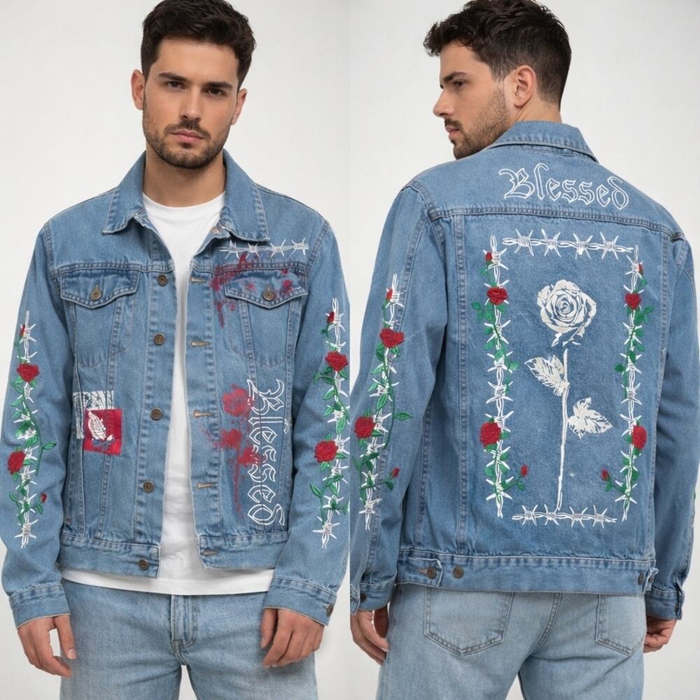 Brooklyn Cloth "Blessed" Rose Barbed Wire Graphic Men's Denim Jacket - Size S